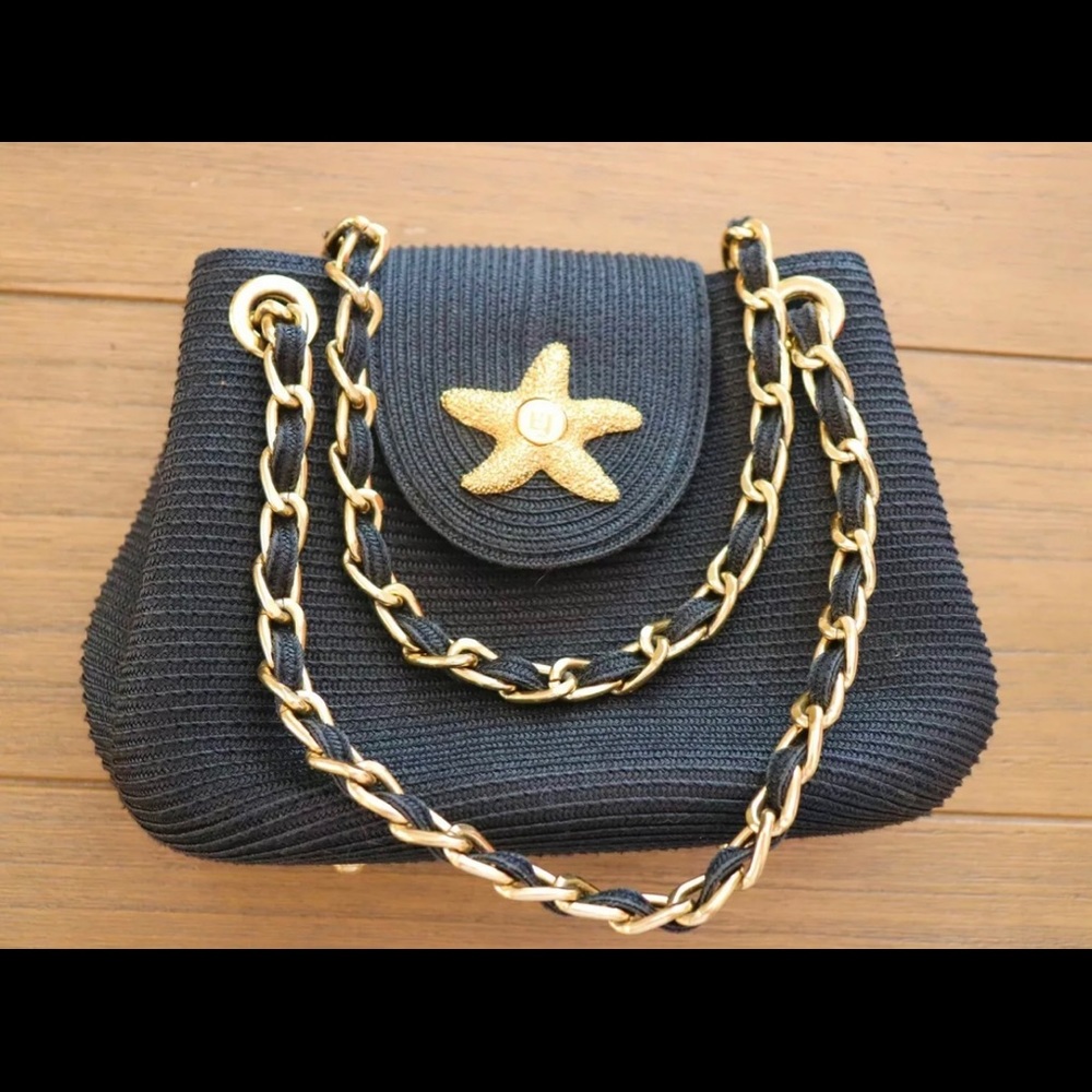 Eric Javits Black Straw Purse w/Gold Starfish Snap Closure